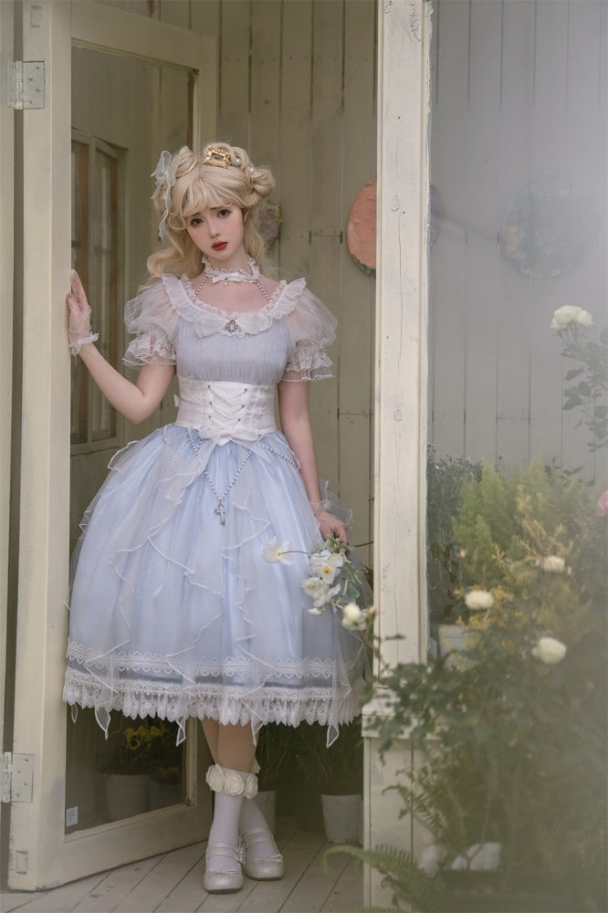 Mermaid Tears One Piece Halter Neck Puff Sleeves Tiered Skirt and Ruffle Trim
