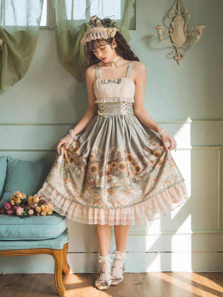 Sunflowers and Bunny Print Spring Jumper Skirt Tulle Overdress Set