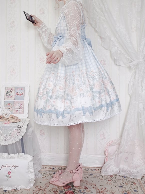 Margaret Floral Print Bowknot Details Gingham Pattern V-neck Jumper Skirt