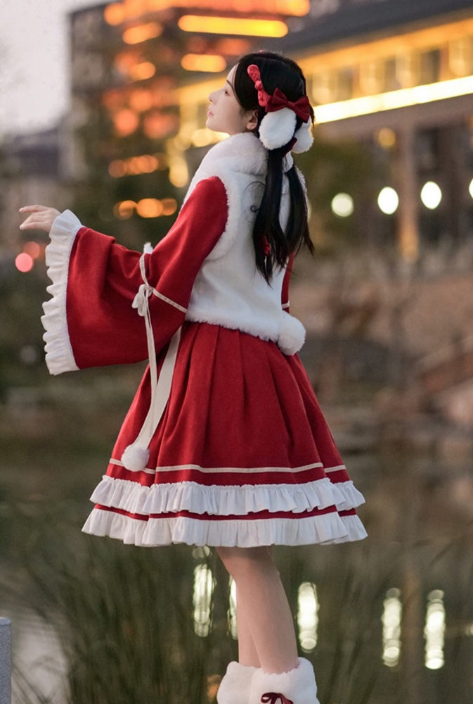 New Year Red and White Plush High Neck Ruffle Hemline Long Sleeves One Piece