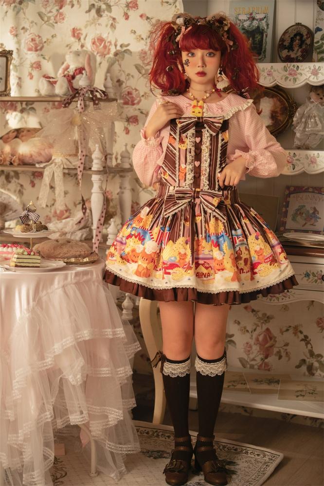 Little Bear and Pot Built-in Petticoat Bear and Biscuit Print Overalls