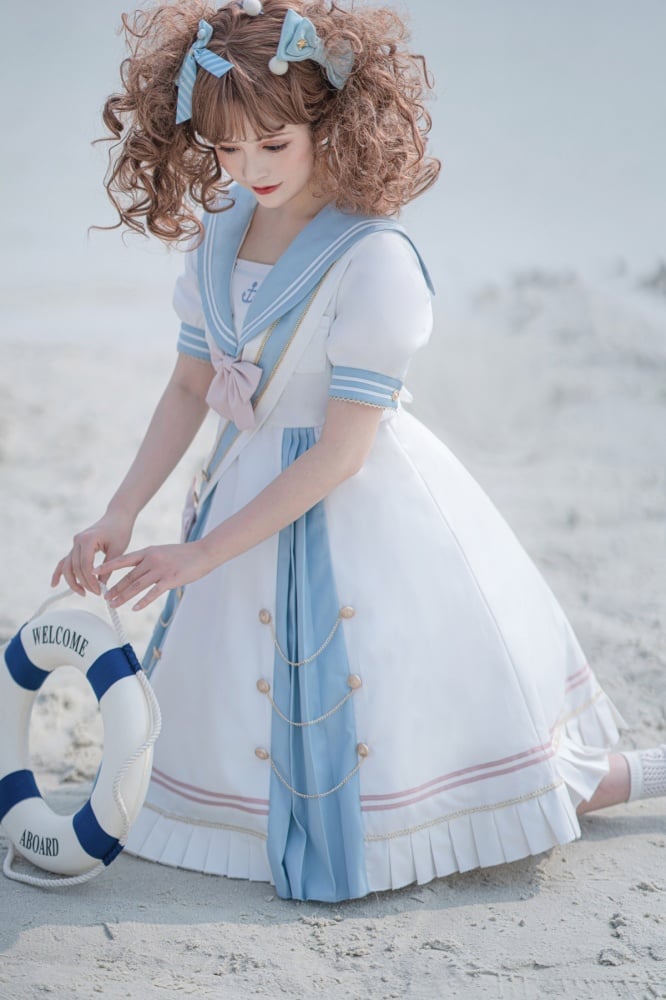 Sea Breeze Light Blue Sailor Collar One Piece High Waist Sweet Dress with Bow Tie and Ribbon