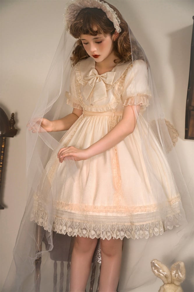 Warm Breeze Into String Peter Pan Collar High Waist Short Sleeves Lolita OP