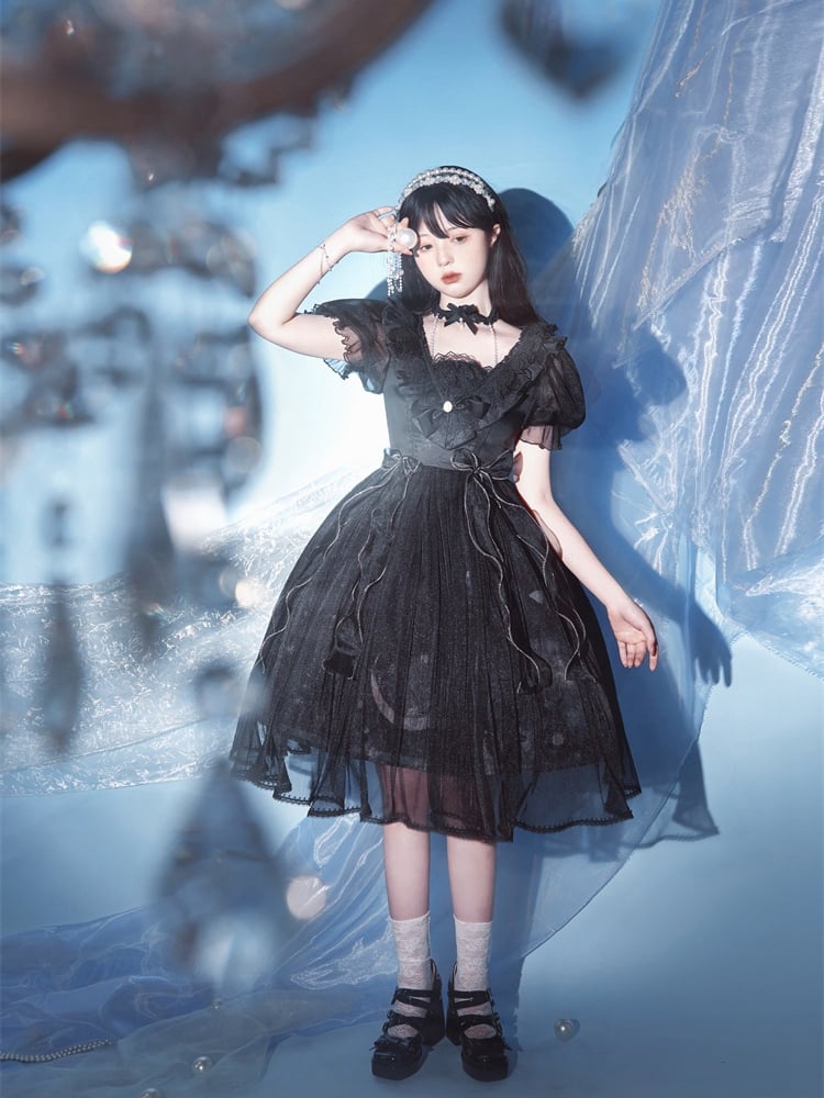 Sweet Bowknot Details Ruffle Neckline Beads Halter Neck Short Puff Sleeves One Piece