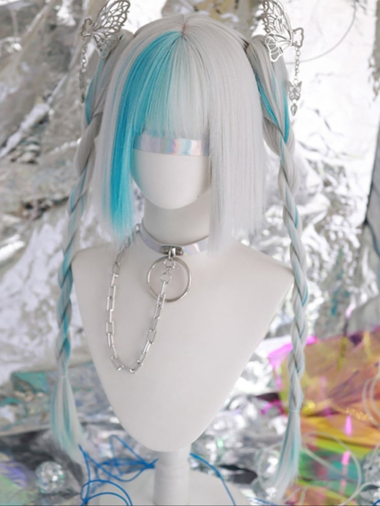 White and Blue Highlight Color Chin Bob Cut Wig with Ponytail and Braids Jaw Clips