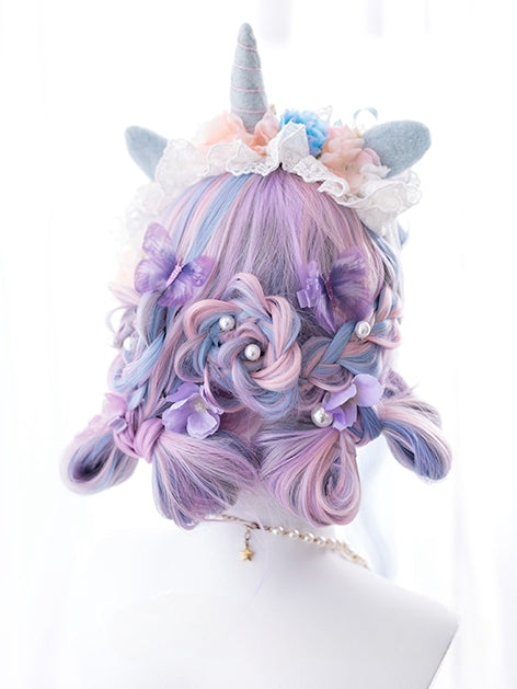 Mixed Hair Color Long Wavy Synthetic Wig with Full Bangs