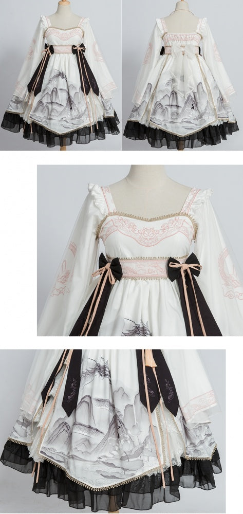 In Stock Black and White Chinoiserie Mountains-and-waters Painting Print Long Sleeves One Piece