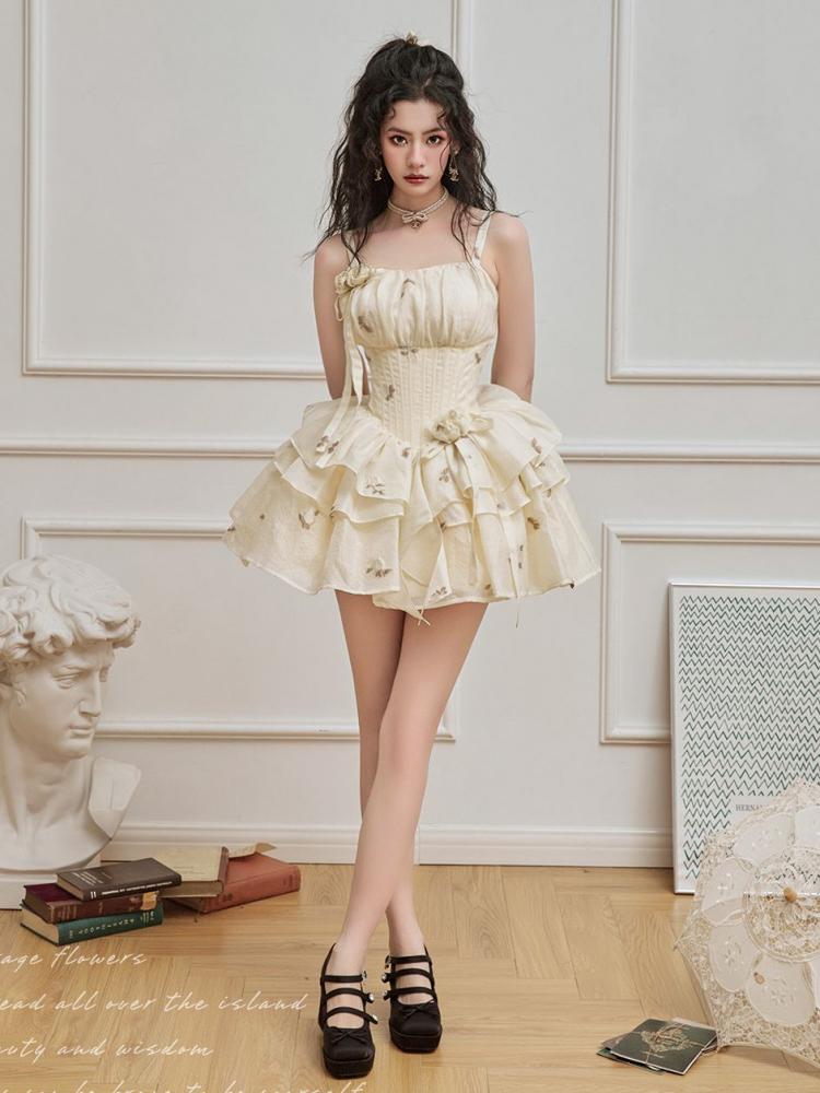 Light Yellow Floral Pattern Boned Bodice Jumper Skirt with Rosette Brooches Short Version