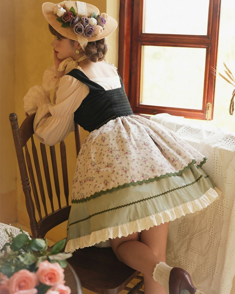 Heidi's Dream Lace-up Detail Ruffle Trim Floral Print Lolita JSK