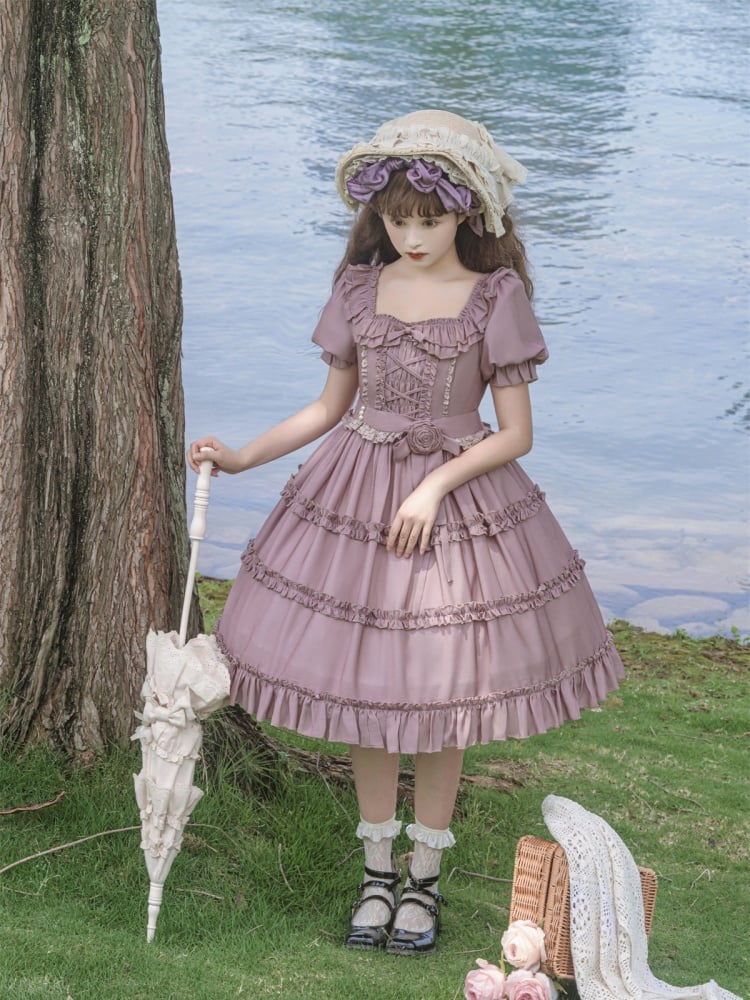 Square Neckline Smocked Elastic Front Bodice Ruffle Hemline Long/Short Sleeves Lolita OP