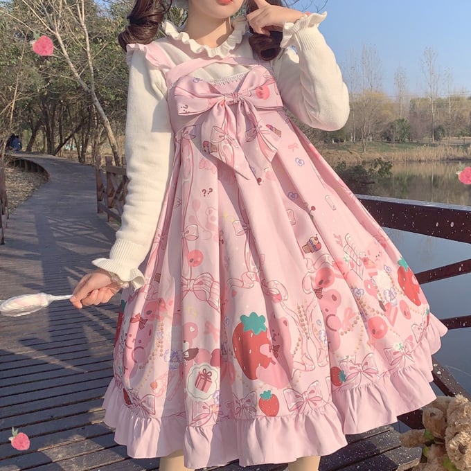 Pink Bear Print Halter Neck Ruffle Hemline Jumper Skirt