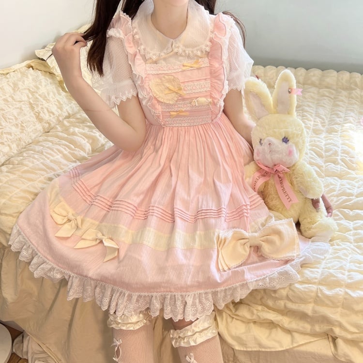 In Stock Bowknot High Waist Ruffle Hem Jumper Skirt