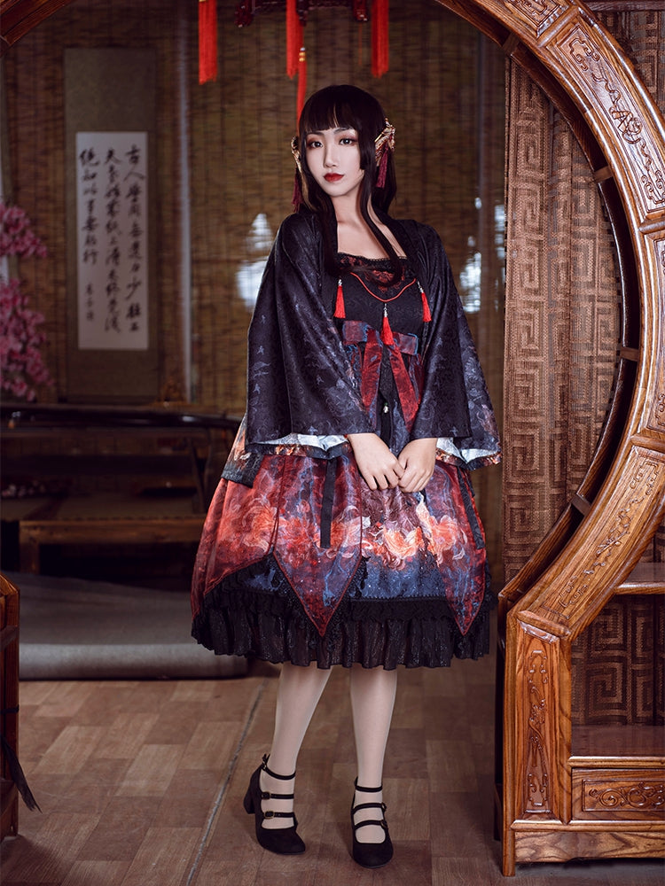 In Stock Lotus Bloom Fish Print Flounce Hemline Chinoiserie Style Jumper Skirt