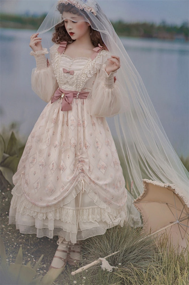 Time Letter Paper Floral Print Bowknot Details Drawstring Ruffle Hem Long Sleeves One Piece