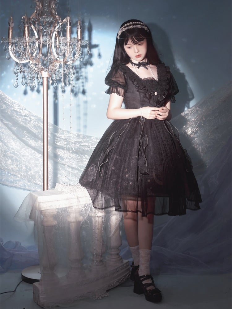 Sweet Bowknot Details Ruffle Neckline Beads Halter Neck Short Puff Sleeves One Piece