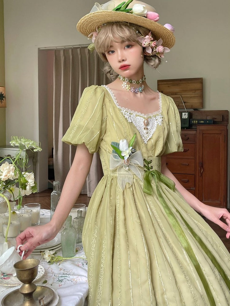 Tulip 1.0 Tiered Skirt and Ruffle Trim Short Sleeves One Piece Version A (Lace Applique Neckline)/Version B