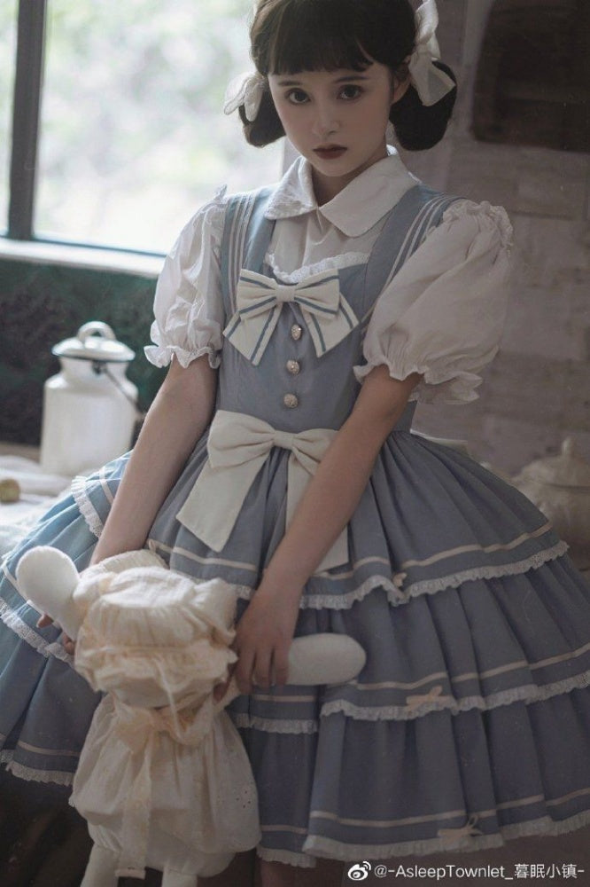 Untitled Sea Breeze Light Blue Sailor Lolita Tiered Skirt Jumper Skirt