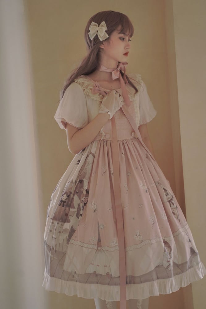 Spring Curtain Country Style Little Girl Print Embroidery Round Neck Bowknot Details Short Sleeves One Piece