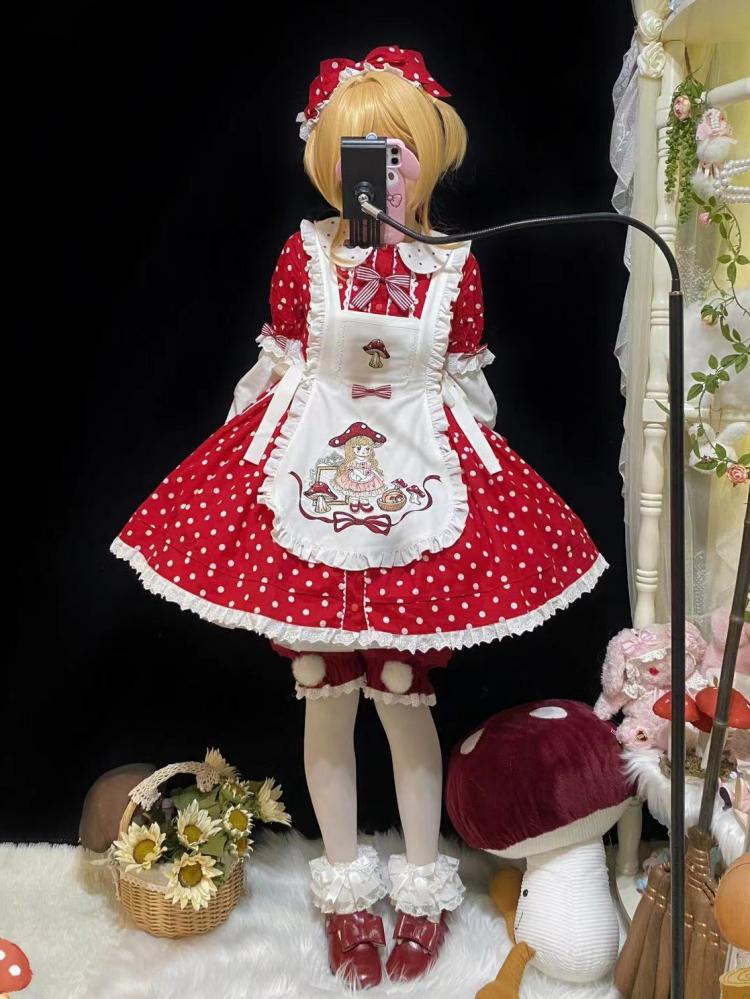 Picking Mushroom White and Red Polka-dot Pattern Short Sleeves One Piece