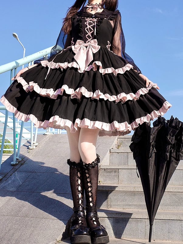 Lace-Up Detail Sweet Jumper Skirt Tiered Skirt Dress/Full Set Long Version