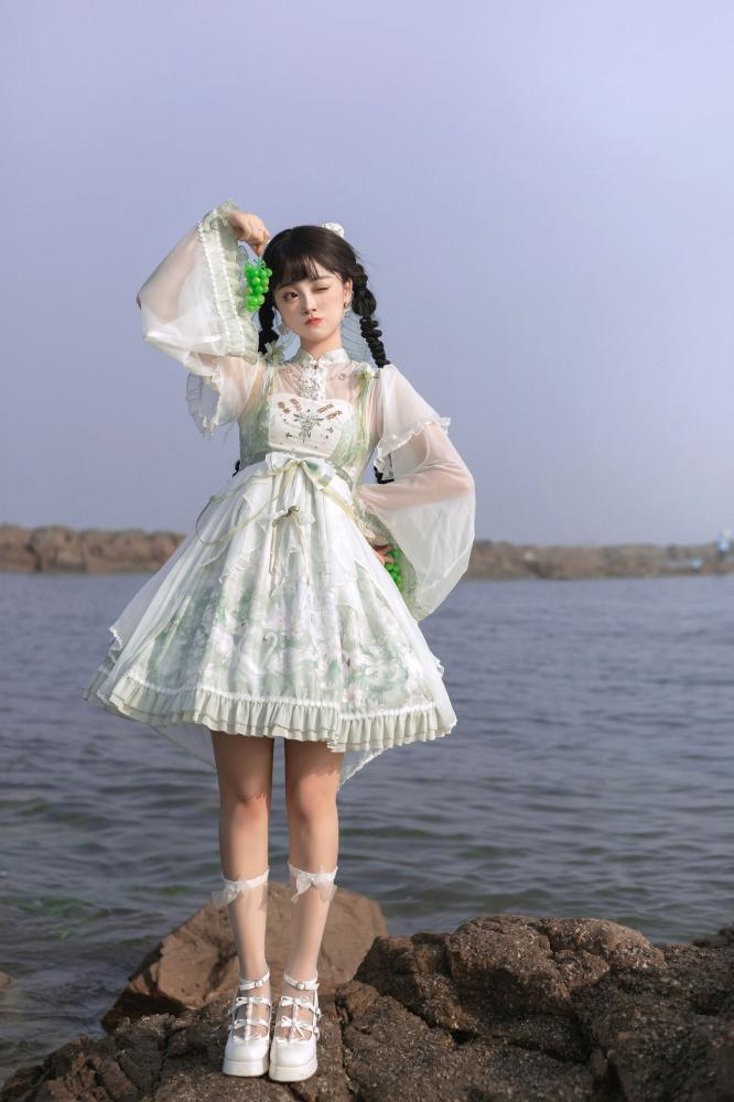 Swan Castle Print Green Qi Style Jumper Skirt/Full Set Embroidery Ruffle Hem