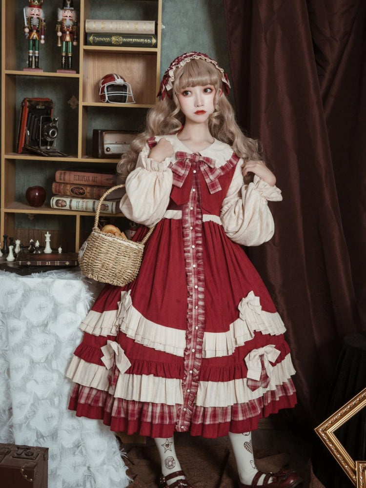 Peter Pan Collar Red Plaid Pattern Bowknot Details Long Sleeves Lolita OP