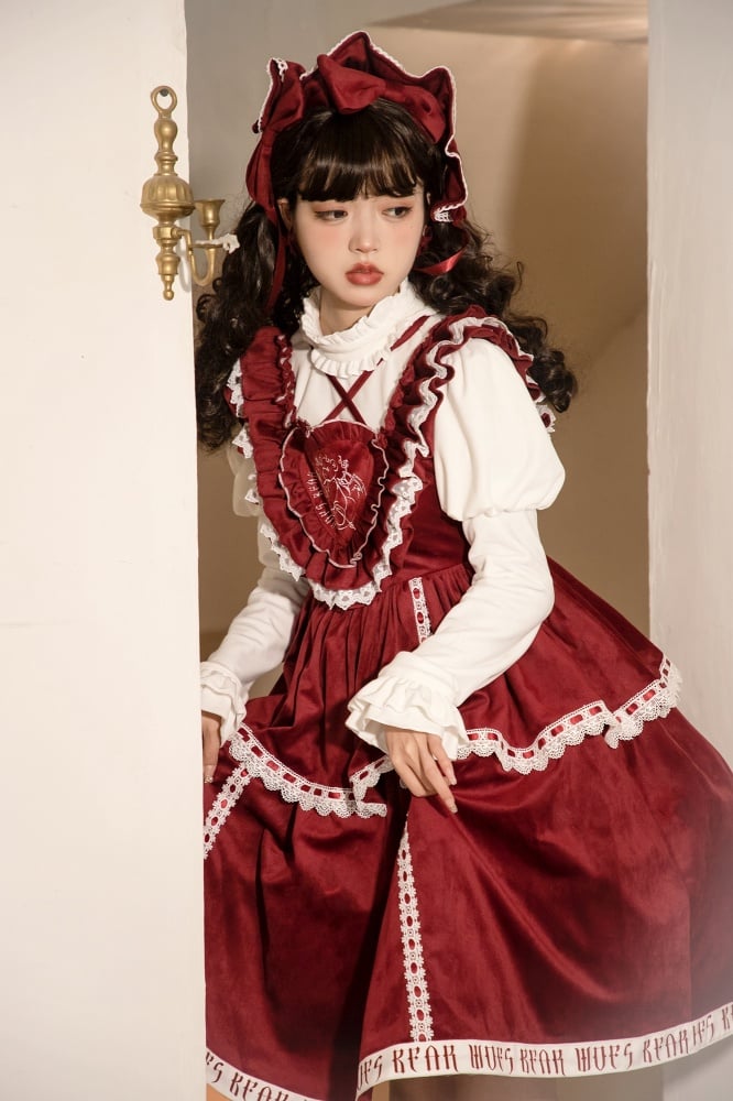 In Stock Runaway Bear Emboridery Heart-shaped Neckline Letter Print Hemline Velvet Jumper Skirt