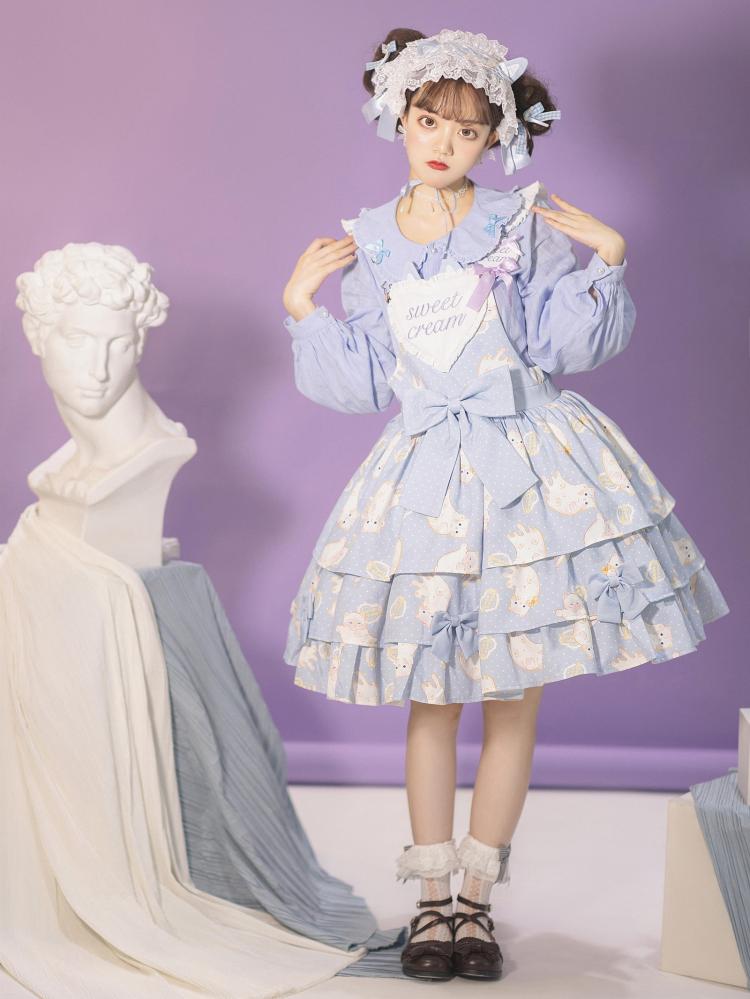 In Stock Kitty Print Bowknot Details Tiered Ruffle Hem Overall Dress