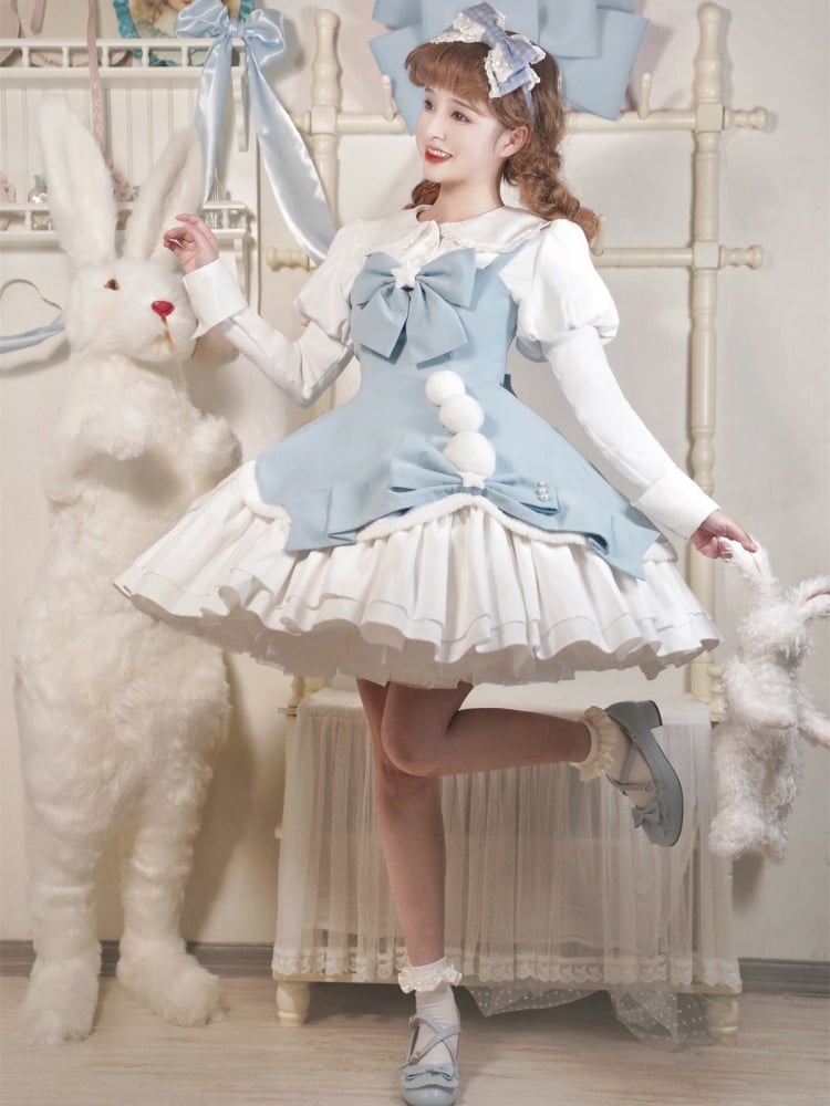 Winter Fairy Tale White and Blue Pompons Bowknot Details Jumper Skirt