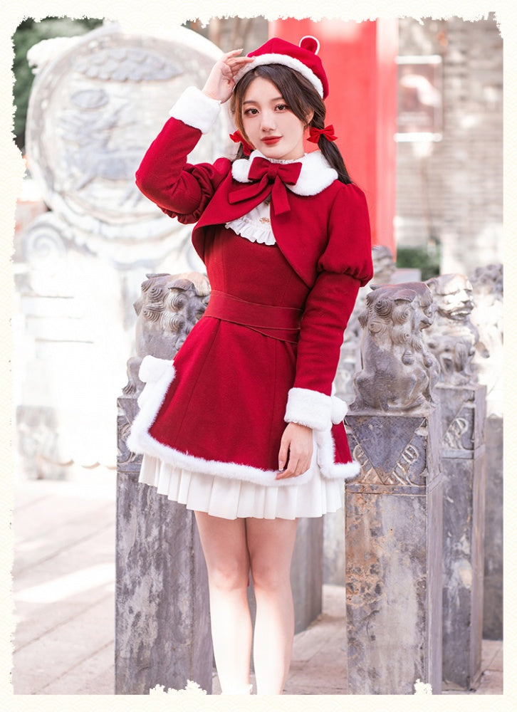 New Year Red and White Plush Bowknot Slit Side Hem Jumper Skirt