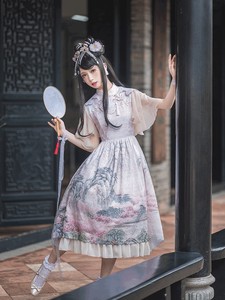 In Stock Mountains-and-waters Painting Print Irregular Hem Chinoiserie Style Short Sleeves One Piece