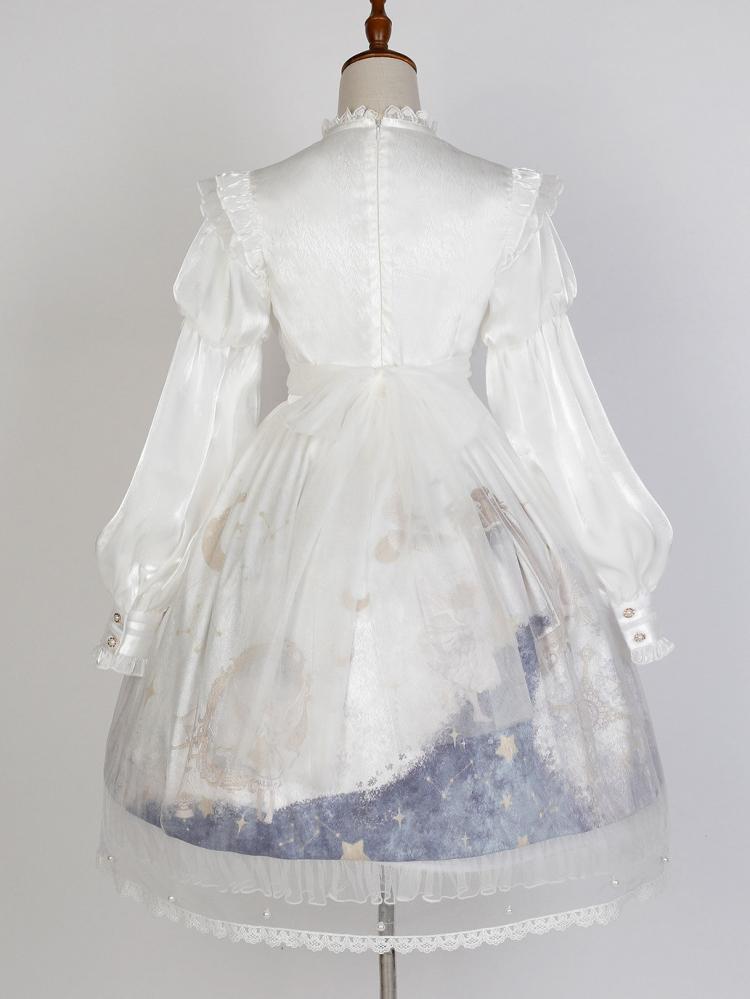 Stars Print Illusion Neckline White One Piece High Waist Classic Dress