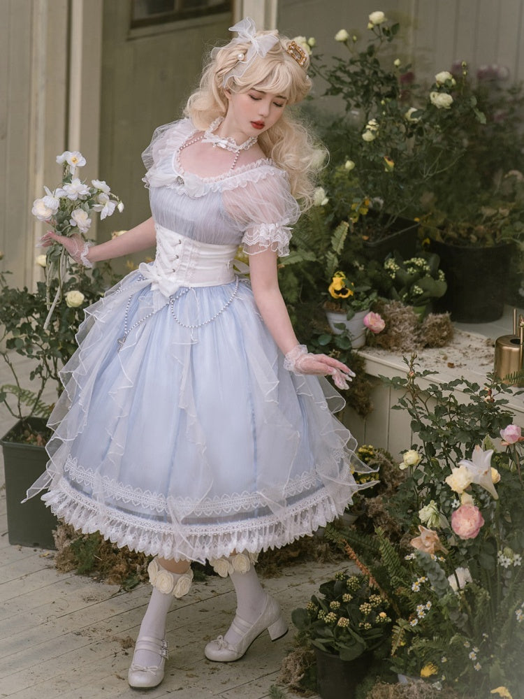 Mermaid Tears One Piece Halter Neck Puff Sleeves Tiered Skirt and Ruffle Trim