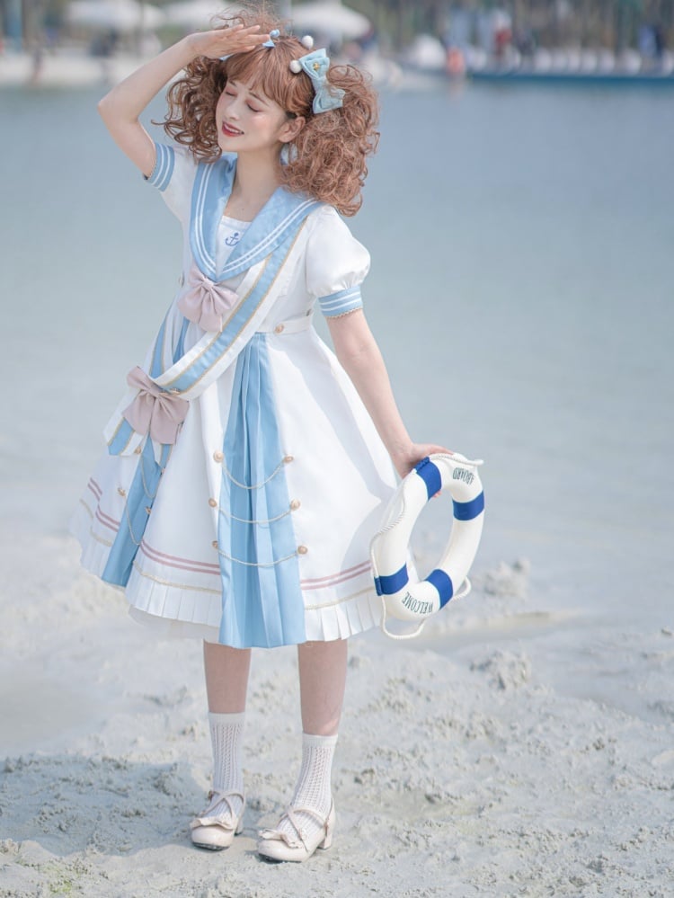 Sea Breeze Light Blue Sailor Collar One Piece High Waist Sweet Dress with Bow Tie and Ribbon