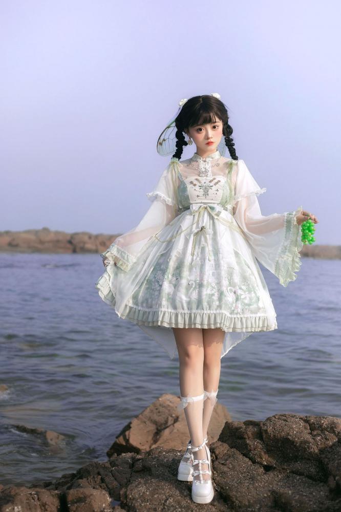 Swan Castle Print Green Qi Style Jumper Skirt/Full Set Embroidery Ruffle Hem