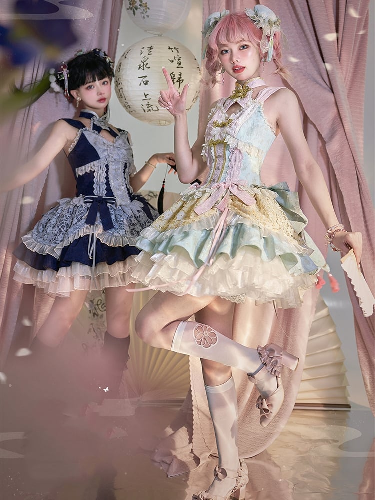 Light Green and Pink Detachable Collar Qi Tiered Ruffles Jumper Skirt - Sukuroi