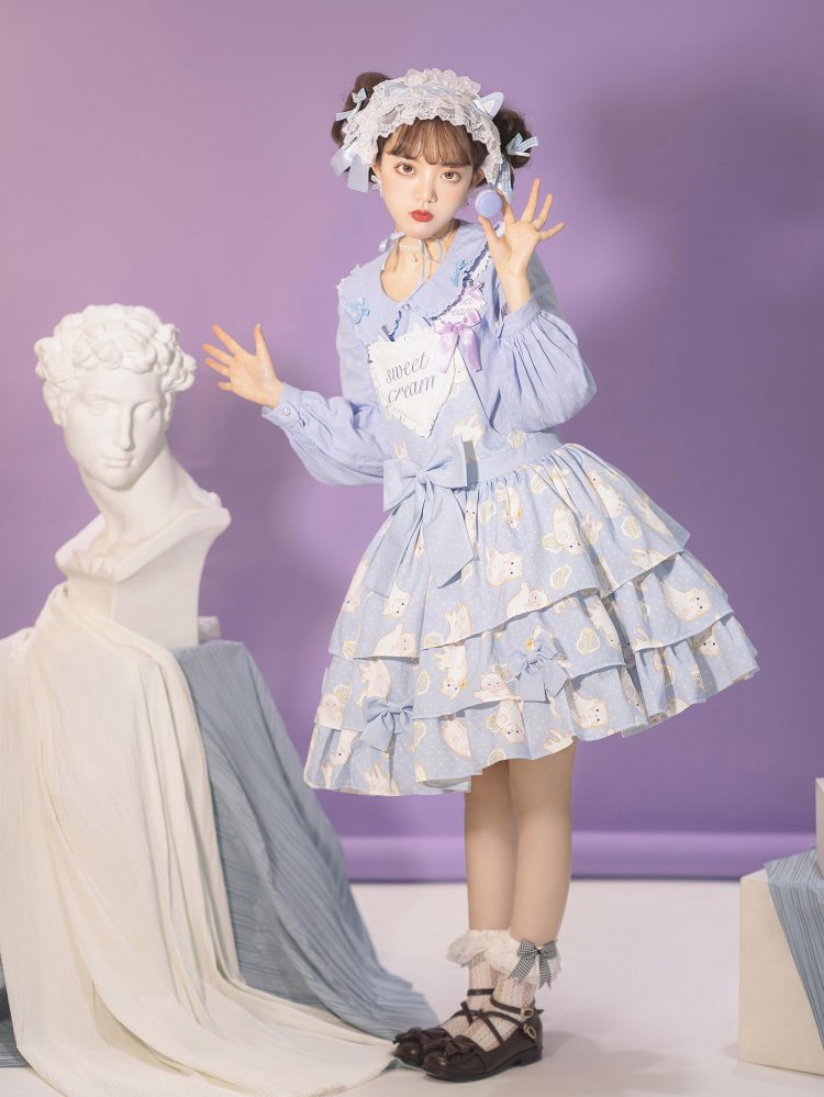 In Stock Kitty Print Bowknot Details Tiered Ruffle Hem Overall Dress