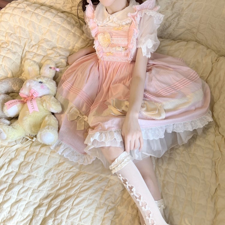 In Stock Bowknot High Waist Ruffle Hem Jumper Skirt