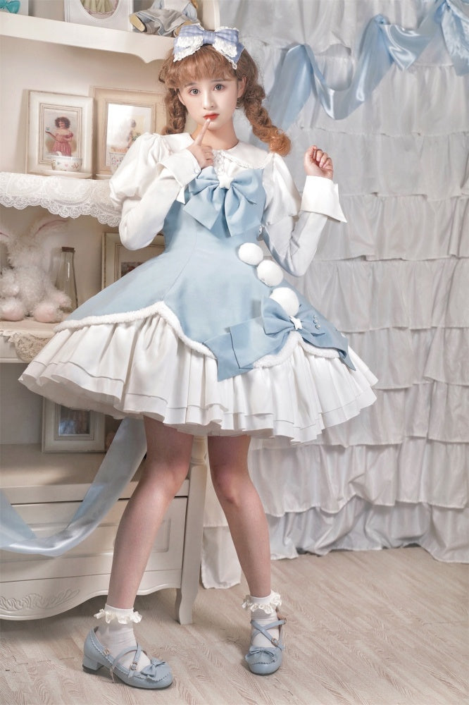 Winter Fairy Tale White and Blue Pompons Bowknot Details Jumper Skirt