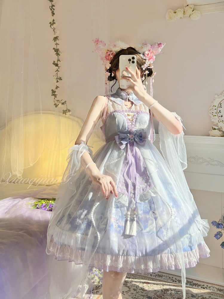Purple Swan Castle Floral Print Banded Collar Ruffle Hemline Lolita JSK