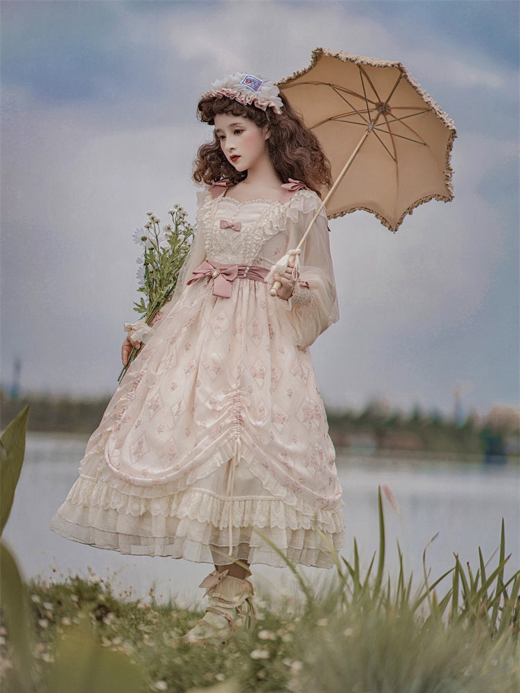 Time Letter Paper Floral Print Bowknot Details Drawstring Ruffle Hem Long Sleeves One Piece
