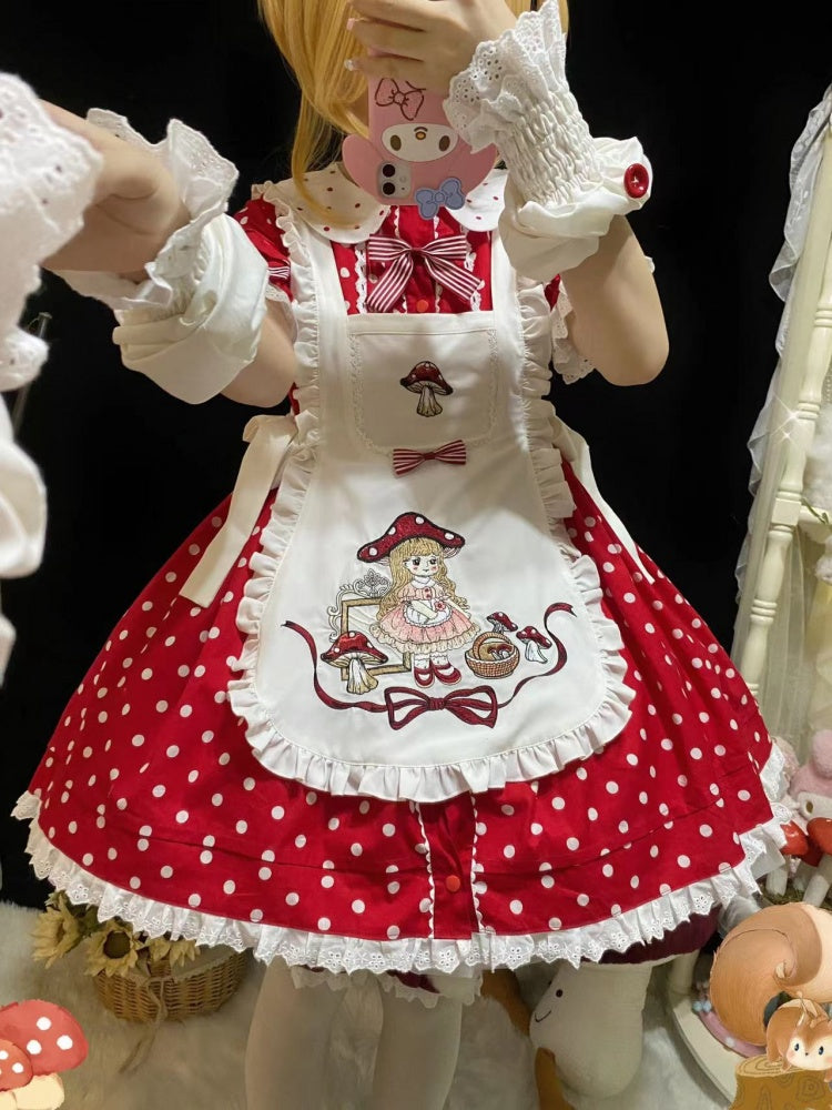 Picking Mushroom White and Red Polka-dot Pattern Short Sleeves One Piece