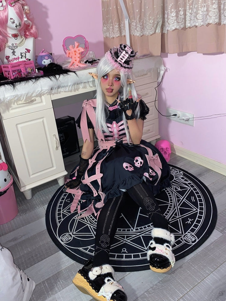 In Stock Dark Birdcage Skull Print Bowknot High Waist Lolita JSK