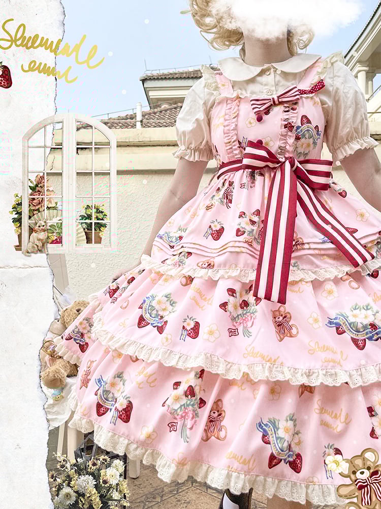 Pink In Stock Strawberry Bear Print Tiered Ruffle Jumper Skirt