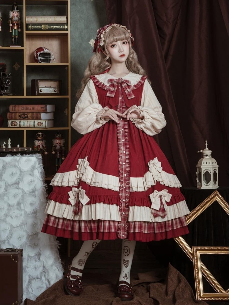 Peter Pan Collar Red Plaid Pattern Bowknot Details Long Sleeves Lolita OP