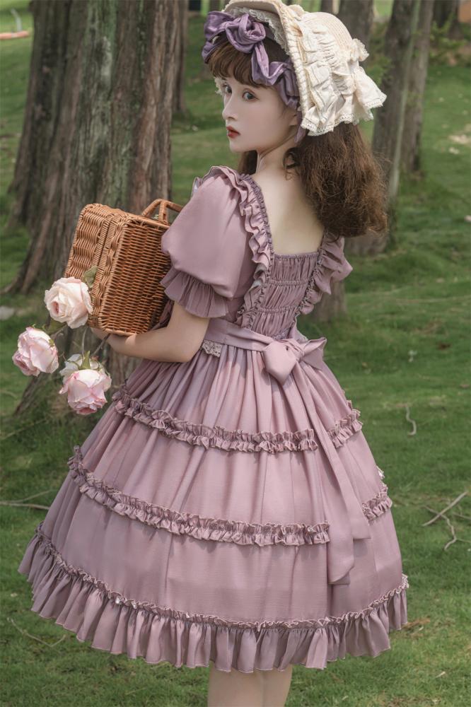 Square Neckline Smocked Elastic Front Bodice Ruffle Hemline Long/Short Sleeves Lolita OP