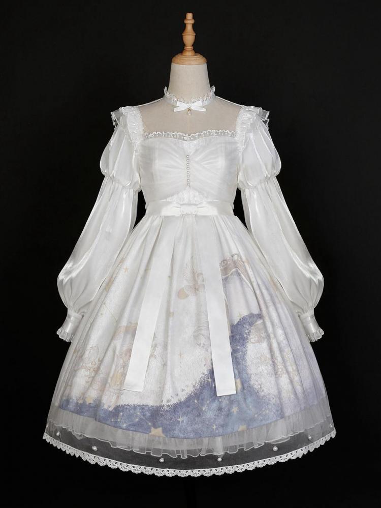 Stars Print Illusion Neckline White One Piece High Waist Classic Dress