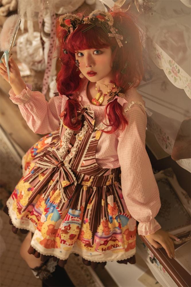 Little Bear and Pot Built-in Petticoat Bear and Biscuit Print Overalls