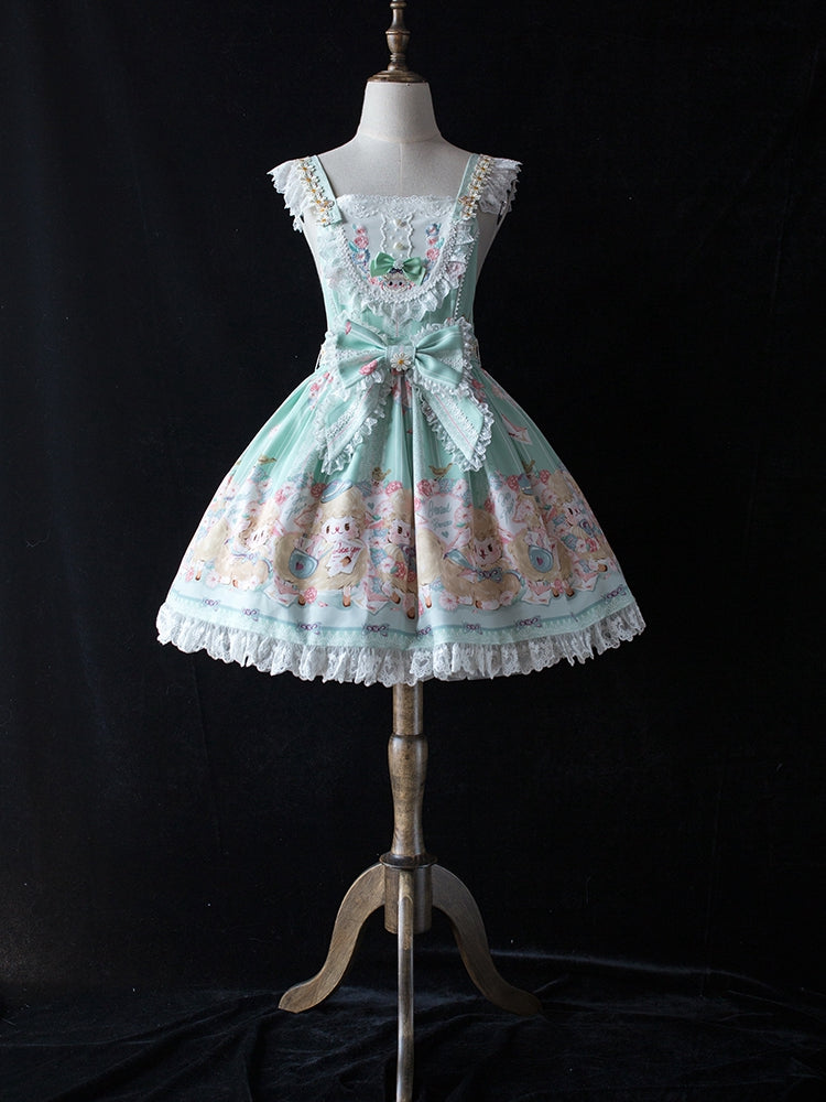 Lamb Print Bowknot Details Jumper Skirt