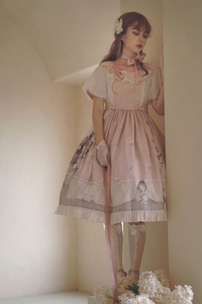 Spring Curtain Country Style Little Girl Print Embroidery Round Neck Bowknot Details Short Sleeves One Piece